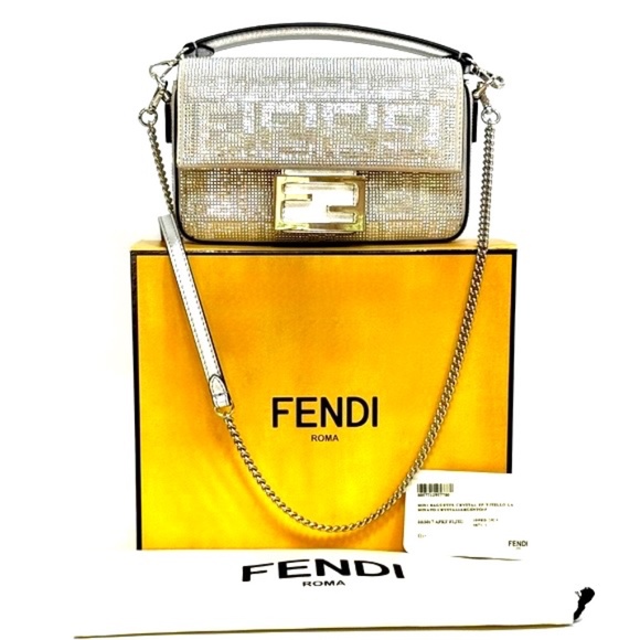 Fendi Baguette Mini Silver Crystal-Embellished Shoulder Bag With FF Motif - Picture 16 of 16